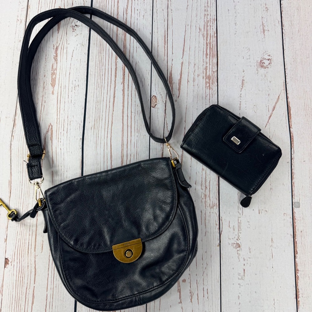 Fossil Black Leather Crossbody Bag and Matching Bifold Wallet Set Brass Hardware
